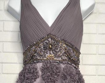 Sue Wong Nocturne Dress Y2K Applique Rosette Cocktail Evening Dress Size 8 Gray