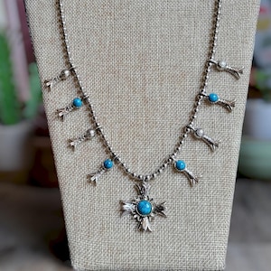 1970s vintage faux turquoise squash blossom necklace silver tone 24 inches Southwest boho style