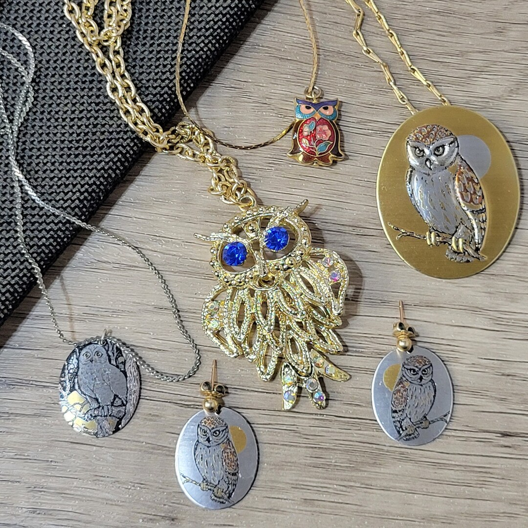 Vintage Owl Jewelry, Choice of Necklaces Pierced Earrings, Reed and