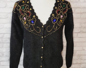 Marnier West jeweled hand-knit black silk angora cardigan sweater, size Small, vintage 1980s