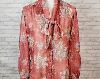 Secretaria arco blusa tamaño 14 Príncipe de Dallas semi-sheer óxido floral 1970s vintage