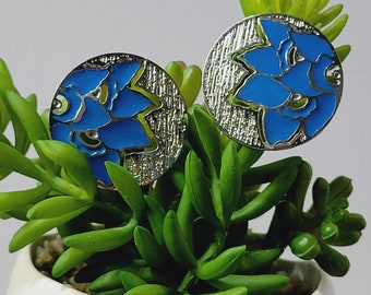 Edgar Berebi pierced earrings, blue enamel and silver-tone lotus flower button earrings, vintage 1980s glam