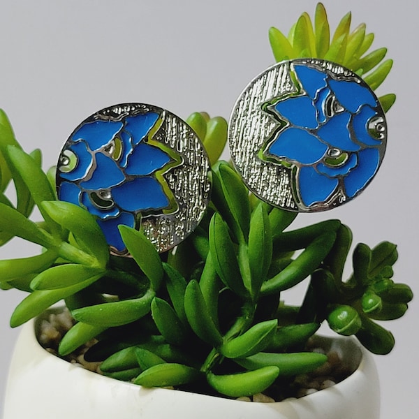 Edgar Berebi pierced earrings, blue enamel and silver-tone lotus flower button earrings, vintage 1980s glam