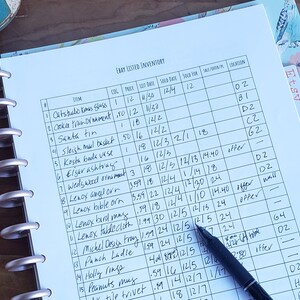 May include: A handwritten inventory sheet titled "EBAY LISTED INVENTORY" with item details, prices, and dates. A black pen rests on the page, highlighting a specific entry. The sheet is bound with a spiral binding.