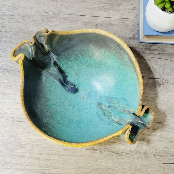 Hand made studio pottery  bowl with pinched and stippled details, aqua blue green glaze textured, rustic boho home gift