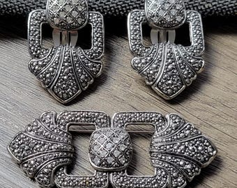 Avon Art Deco Brooch and Clip-On Earrings: Marcasite Rhinestone Jewelry Set