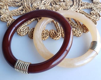 Vintage 1970s Lucite Bangle Bracelets: Brown & Beige Swirl with Gold Trim