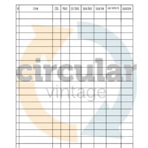 May include: A white inventory sheet with a grid pattern, featuring the text "EBAY LISTED INVENTORY" at the top. The sheet includes columns for item details, cost, price, and dates. The "circular vintage" logo is in the center.