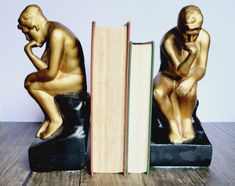 Rodin The Thinker chalkware figural bookends vintage boho kitschy office decor art lover gift