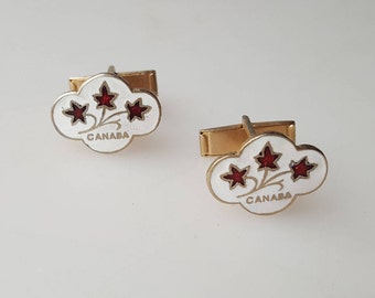 Vintage Canada cufflinks white enamel red maple leaves quatrefoil shape wedding cufflinks