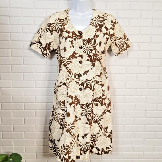 Vintage 60s Scooter Dress Size S Brown Floral Cotton Mini Length Flower Power
