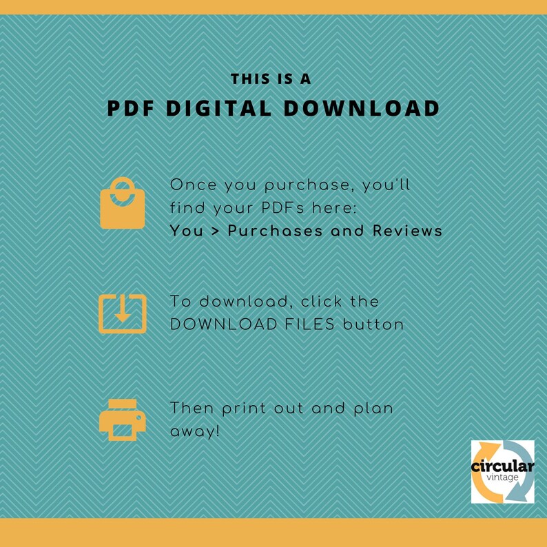 May include: A teal and orange graphic with the text "THIS IS A PDF DIGITAL DOWNLOAD." Instructions are provided for downloading and printing the PDF. The Circular Vintage logo is in the bottom right corner.