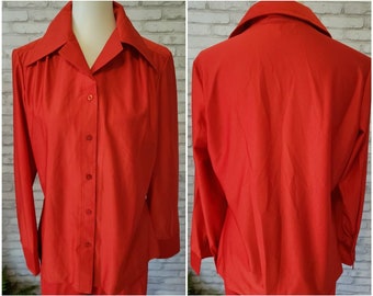 Vintage 1970s women's red polyester spread collar blouse Elles Belles