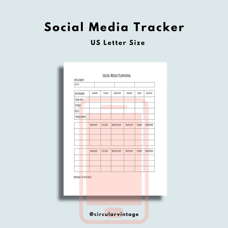 Puede incluir: Planificador de redes sociales imprimible con un esquema de color rosa y blanco. El planificador incluye secciones para seguidores, Instagram, publicaciones de art&iacute;culos, historias, me gusta, participaci&oacute;n y un horario semanal. El texto "Planificaci&oacute;n de redes sociales" est&aacute; en la parte superior de la p&aacute;gina.