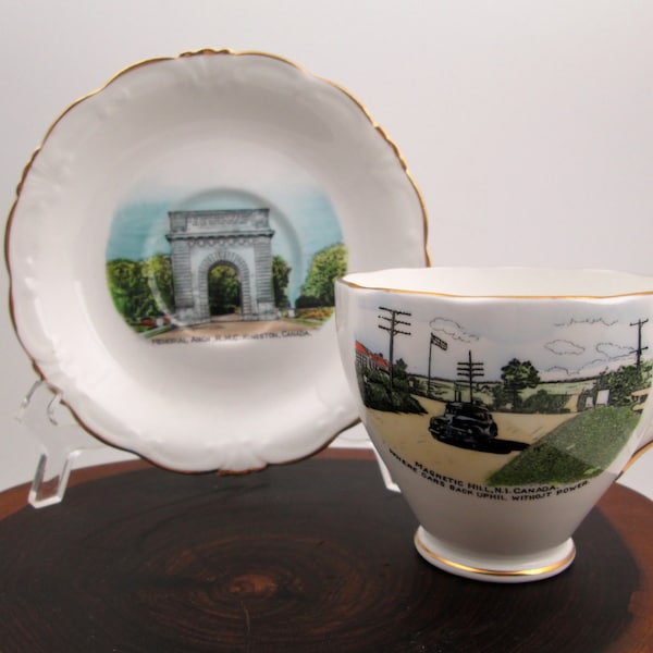 Vintage 1950s Canadian tourist teacup and saucer Magnetic Hill, NB, and Memorial Arch, Kingston, ON