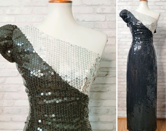 Alyce Designs 1980s sequin evening gown prom dress, one shoulder, black and white, silver, vintage size 6, XS 30 bust