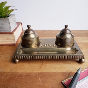 Vintage brass Nora Fenton Designs desk top pen holder ink wells 1970s