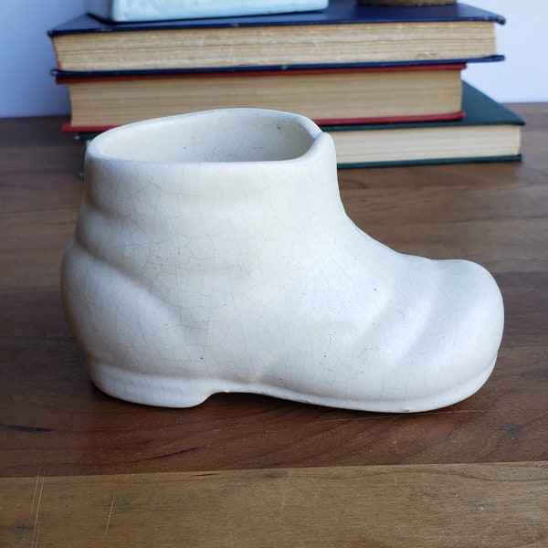 Vintage white pottery baby shoe cache pot planter vase, retro nursery decor