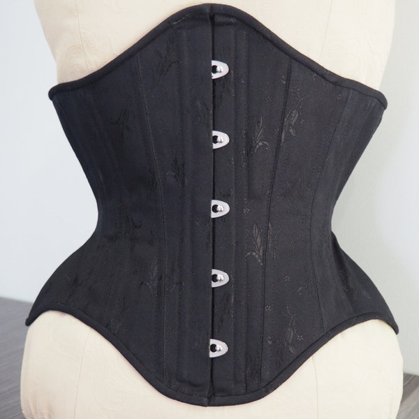 READY TO SHIP 22" Black Cotton Coutil Underbust Corset Waist Cincher with Front Busk and Steel Bones