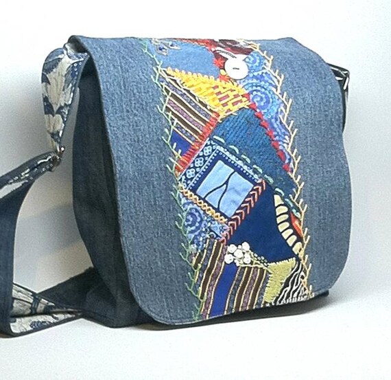 Items similar to Womens Denim Messenger Bag Crazy Quilted and Hand