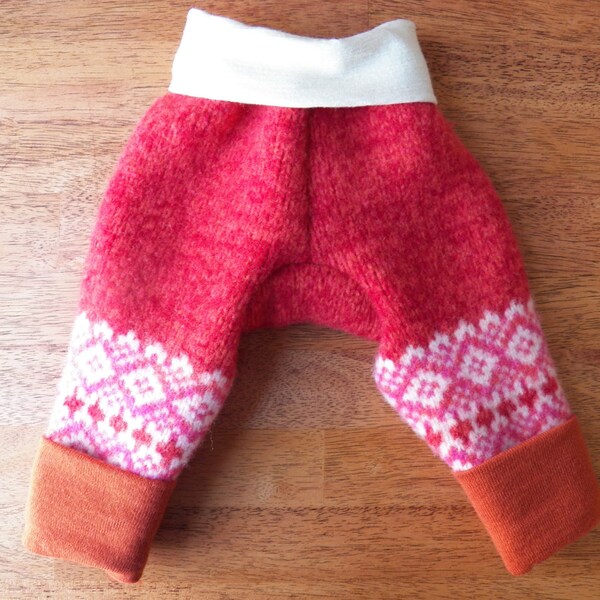 Upcycled Wool Longies - Lambswool Baby Harem Pants - Red, Pink, Orange, and Cream  with Fair Isle Accents - Size Medium (3 - 18 Months)