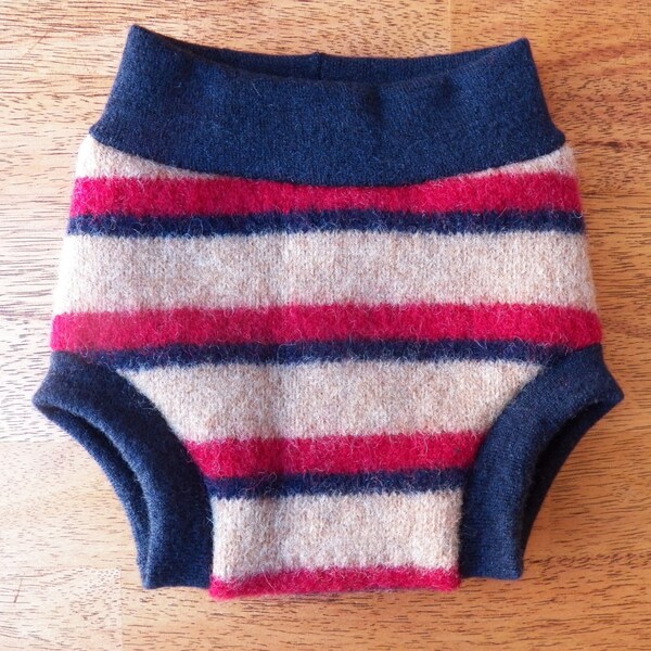 Upcycled Wool Diaper Cover - Wool Soaker Shorties Trainers - Dark Beige with Navy Blue and Deep Red Stripes - Size Medium (4 - 9 Months)