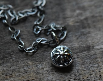 Tiny Floral Charm Necklace, Bohemian Style, Vintage Oxidized Silver Pendant, Layering Necklace, Recycled Silver