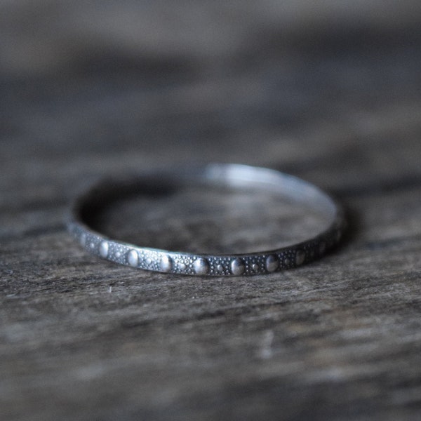 Skinny Patterned Stacking Ring, Very Thin Silver Band, Snake Skin Texture, Dotted Stacker