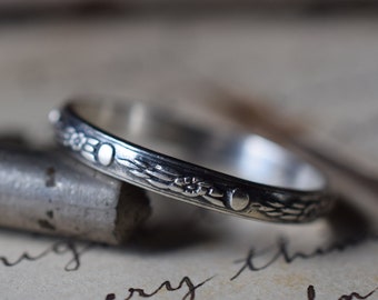 Thin Silver Ring, Edwardian Style Silver Ring Band, Floral Design