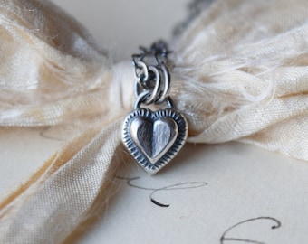 Valentines Day Heart Necklace, Rustic Sterling Silver Heart Pendant, Small Heart Charm, Recycled Silver