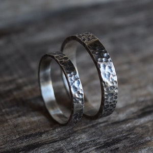 Matching Silver Wedding Band Set with Rustic Hammered Texture, Sterling Silver Wedding Rings, Alternative Rings || Hills and Valleys Texture
