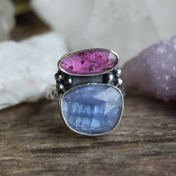 Tourmaline and Tanzanite Ring, Silver Cocktail Ring, Unique Silversmith Ring, Pink Tourmaline, Two Stone Ring, Faceted Rose Cut Stone