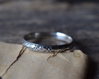 Gothic Style Thin Style Band, Diamond and Flower Patterned Band, Oxidized Sterling Silver