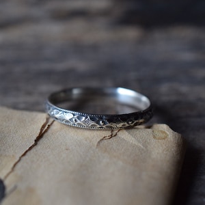 Gothic Style Thin Style Band, Diamond and Flower Patterned Band, Oxidized Sterling Silver