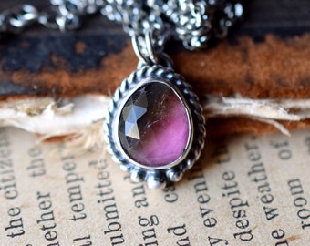 Pink and Brown Tourmaline Necklace, Sterling Silver, Rose Cut Stone