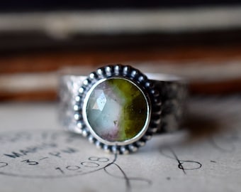 Watermelon Tourmaline Statement Ring, Wide Band, Stardust Hammered Texture, Sterling Silver, Size 7 3/4