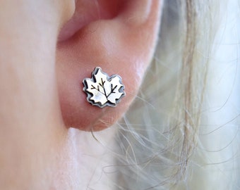 Maple Leaf Stud Earrings, Hand Pierced Sterling Silver Leaf Earrings, Autumn Jewelry, Pick Your Pair