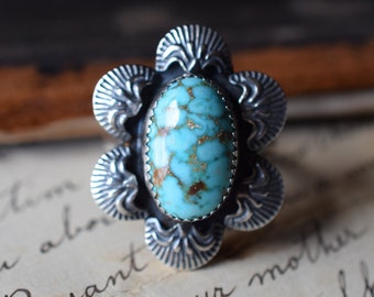 Large Turquoise Statement Ring, Natural Turquoise Mountain Turquoise, Sterling Silver, Size 7