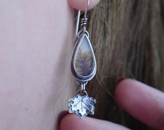 Dendritic Agate Maple Leaf Dangle Earrings, Autumn Jewelry, Sterling Silver, Teardrop Stones