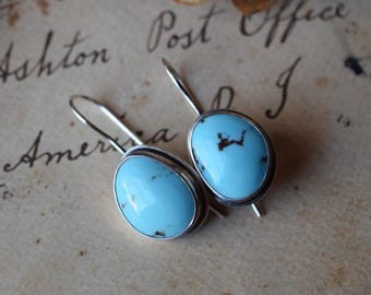 Handcrafted Sterling Silver Turquoise Dangle Earrings with Hook Clasps, Natural Egyptian Turquoise