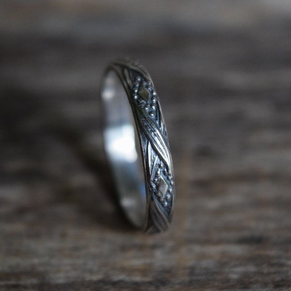 Silver Diamond Ring, Diamond Pattern Ring Band, Textured Ring Band, Alternative Wedding Band