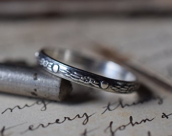 Thin Silver Ring, Edwardian Style Silver Ring Band, Floral Design