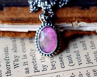 Light Pink Oval Tourmaline Pendant, Beaded Border, Sterling Silver