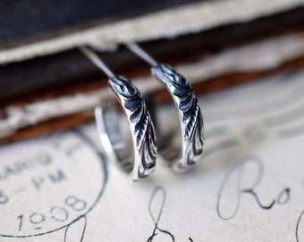 Tiny Sterling Silver Huggie Hoops, Swirl Pattern, Renaissance Style