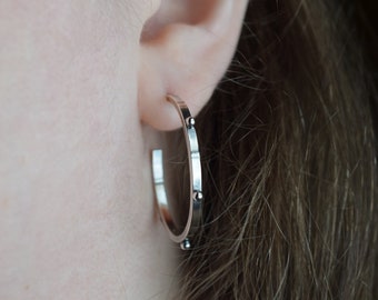 Medium Size Studded Gypsy Hoop Earrings, Sterling Silver, Oxidized Silver, Gothic Style