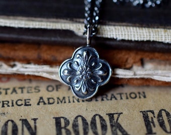 Rustic Silver Engraved Charm Necklace, Recycled Sterling Silver, Layering Pendant, Floral Charm
