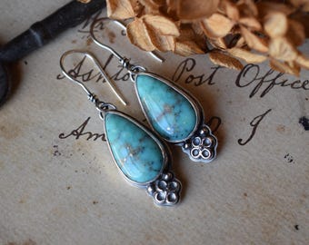 Teardrop Turquoise Dangle Earrings with Vintage Style Flower Design, Handmade from Sterling Silver
