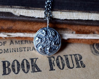 Round Sterling Silver Floral Charm Necklace, Layering Pendant