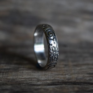 Wide Floral Silver Ring, Swirl and Flower Design, Bohemian Ring, Thumb Ring, Sterling Silver