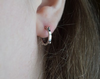Small Sterling Silver Studded Gypsy Hoop Earrings, Oxidized Silver, Gothic Style